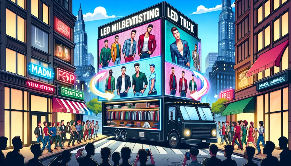 An animated cartoon scene depicting a vibrant cityscape transition from a fashion truck to an LED mobile advertising truck focusing solely on male ce